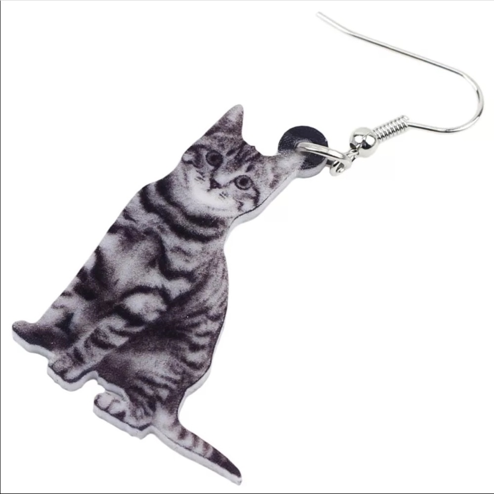 Grey Kitty Cat With Black Stripes Acrylic Earrings - Picture 3 of 5